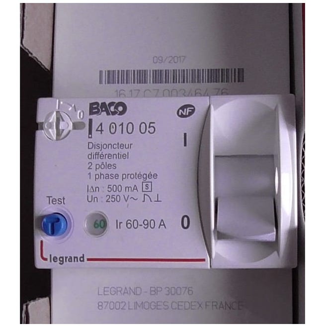Legrand 401005 - Disjoncteur De Branchement Edf 2p 60-90a - Diff 500ma - Sélectif - Baco