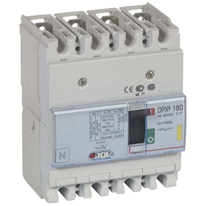 Disjoncteur magnétothermique DPX160 pouvoir de coupure 16kA 400V~ 4P 160A (420017)