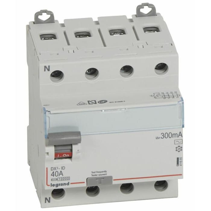 Interrupteur différentiel DX³-ID arrivée haute et départ bas à vis 4P 400V type AC 4 modules 300mA 40A - LEGRAND - 411665