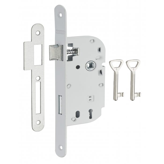THIRARD - Serrure encastrable à clé pour porte de chambre, axe 40mm, bouts ronds, blanc, 2 clés