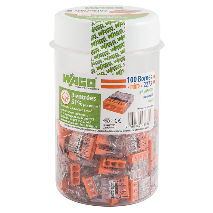WAGO-Pot de 100 mini bornes de connexion automatique 3 fils S2273