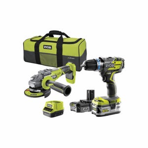 Pack RYOBI Brushless perceuse-visseuse à percussion 18V One+ - Meuleuse d'angle 125 mm 18V One+ - 2 batteries 1 chargeur rapide R18CK2BL-252S