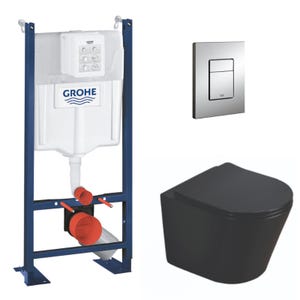 Grohe Pack WC Bâti autoportant + WC Swiss Aqua Technologies Infinitio noir sans bride + Plaque chrome (ProjectBlackInfinitio-1)