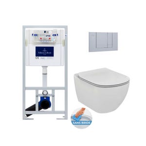 Villeroy & Boch Pack WC Bâti-support + WC Ideal Standard TESI AquaBlade sans bride fixations invisibles + Plaque chrome mat
