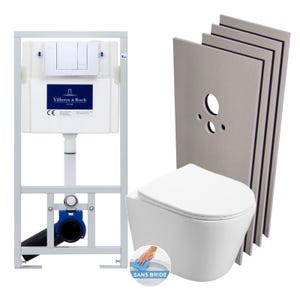 Villeroy & Boch Pack WC Bâti-support + WC SAT sans bride et fixations invisibles + Plaque chrome + Set habillage