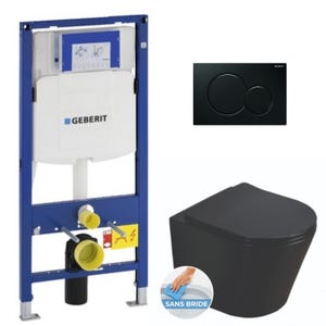 Pack WC Bati-support Geberit + WC Swiss Aqua Technologies Infinitio noir mat sans bride + Plaque noire foncee (GebBlackInfinitio