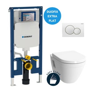 Geberit Pack WC Bâti-support UP720 extra-plat + WC Vitra S50 + Abattant softclose + Plaque blanche (SLIM-S50Softclose-B)