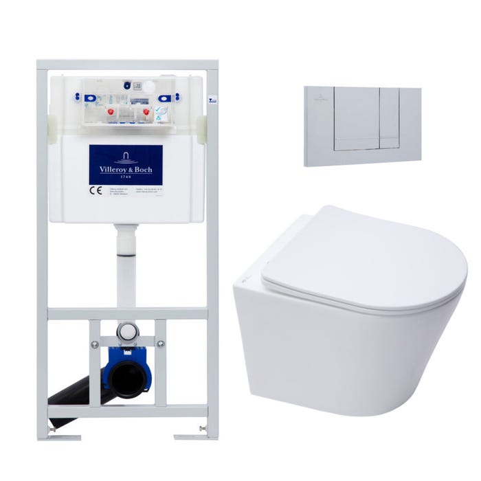 Villeroy & Boch Pack WC Bâti-support + WC Swiss Aqua Technologies sans bride et fixations invisibles + Plaque chrome mat