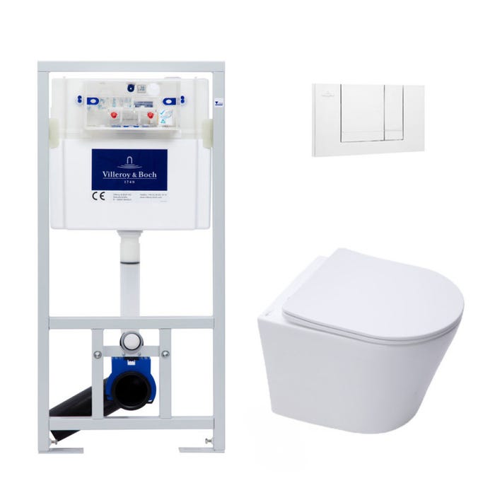 Villeroy & Boch Pack WC Bâti-support + WC Swiss Aqua Technologies sans bride et fixations invisibles + Plaque blanche (ViConnectInfinitio-2)