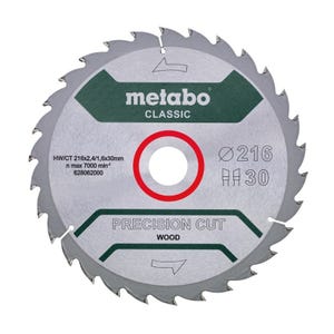 Lame de scie circulaire METABO Classic 'Precision Cut Wood' 628062000 - HW/CT - 216x30mm - 30WZ - 22°