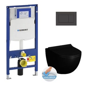Geberit Pack WC bati-support UP320 + WC Vitra Sento noir mat sans bride + Abattant softclose + Plaque noire (GebBlackSento-G)