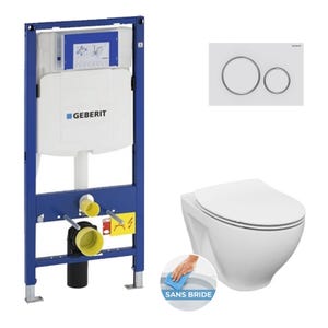 Pack WC Bati-support Geberit UP320 + WC Cersanit sans bride + Abattant softclose + Plaque blanche (GebDormo-J)