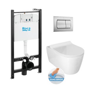 Roca Pack Bâti-support ROCA ACTIVE + WC sans bride Idevit Alfa + abattant ultra fin + plaque chrome mat (RocaActiveAlfa-2)