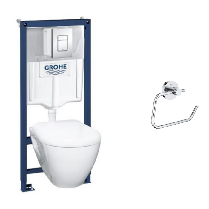 WC suspendu compact SEREL + bâti support GROHE + abattant + plaque + dérouleur