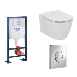 Pack WC suspendu compact Ideal Standard Connect space + abattant + plaque blanc alpin + bati Grohe