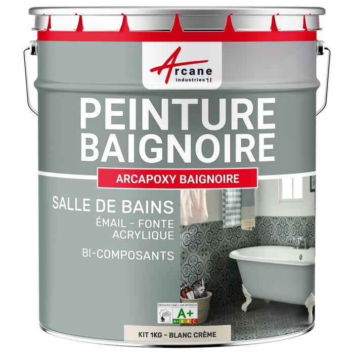 PEINTURE BAIGNOIRE LAVABO - Résine Époxy Pour Rénovation - 1 kg (jusqu'à 3 m² en 2 couches) - Blanc Cassé - Crème - RAL 9001 - ARCANE INDUSTRIES