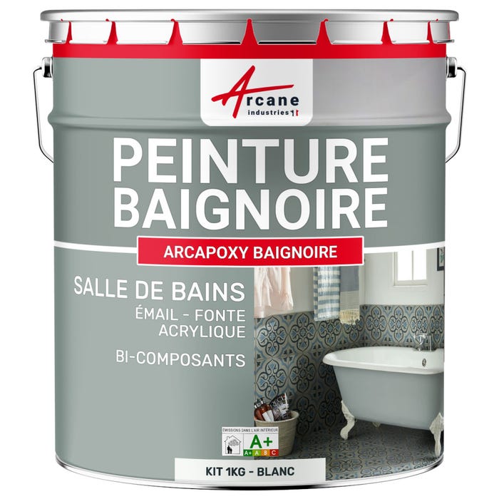 PEINTURE BAIGNOIRE LAVABO - Résine Époxy Pour Rénovation - 1 kg (jusqu'à 3 m² en 2 couches) - Blanc - RAL 9003 - ARCANE INDUSTRIES