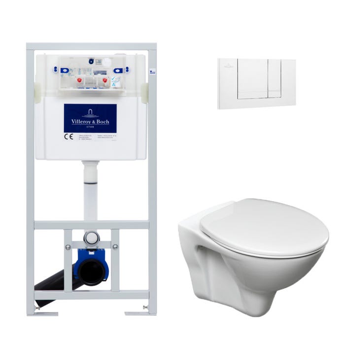 Villeroy & Boch Pack WC Bâti-support Viconnect + WC Cersanit S-Line Pro + Abattant + Plaque blanche (ViConnectS-LinePro-2)