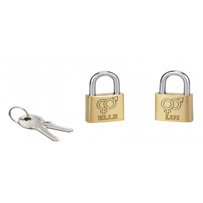 THIRARD - Lot de 2 cadenas à clé Love, laiton, intérieur, anse acier, 30mm, elle/lui, 2 clés/cadenas