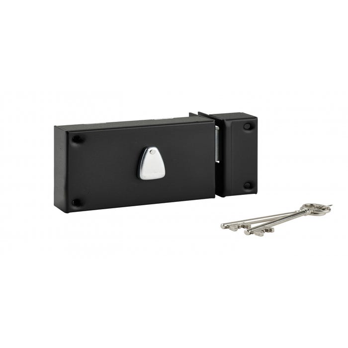 THIRARD - Serrure horizontale en applique 6 gorges à clé pour porte de cave, pêne seul, droite, axe 64mm, 140x88mm, noir, 2 clés