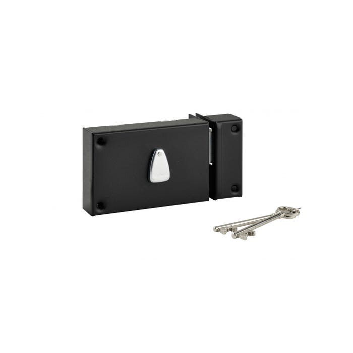 THIRARD - Serrure horizontale en applique 6 gorges à clé pour porte de cave, pêne seul, droite, axe 64mm, 140x88mm, noir, 2 clés