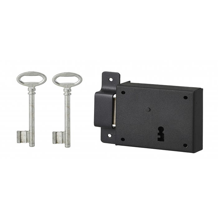 THIRARD - Serrure horizontale en applique à clé pour porte de cave, pêne seul, gauche, axe 50mm, 85x76mm, noir, 2 clés