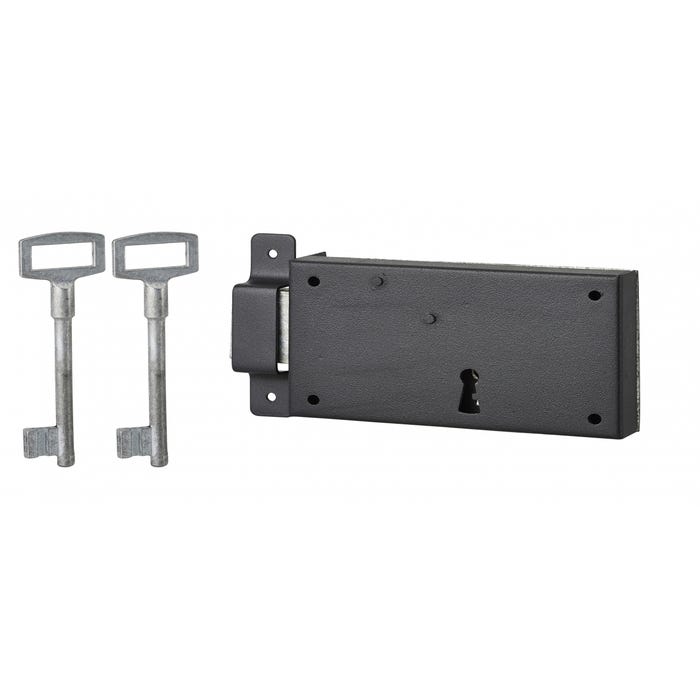 THIRARD - Serrure horizontale en applique à clé pour porte de cave, pêne seul, gauche, axe 80mm, 140x80mm, noir, 2 clés