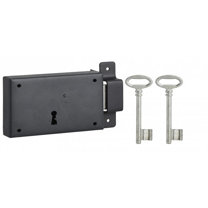 THIRARD - Serrure horizontale en applique à clé pour porte de cave, pêne seul, droite, axe 60mm, 110x80mm, noir, 2 clés