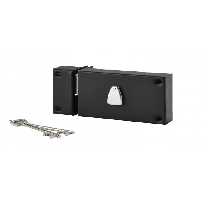 THIRARD - Serrure horizontale en applique 6 gorges à clé pour porte de cave, pêne seul, gauche, axe 64mm, 140x88mm, noir, 2 clés