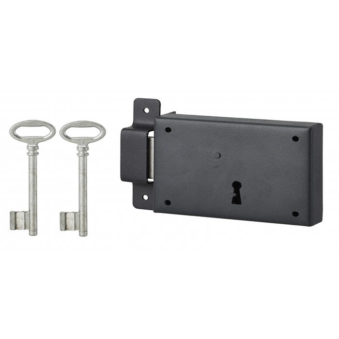 THIRARD - Serrure horizontale en applique à clé pour porte de cave, pêne seul, gauche, axe 60mm, 110x80mm, noir, 2 clés