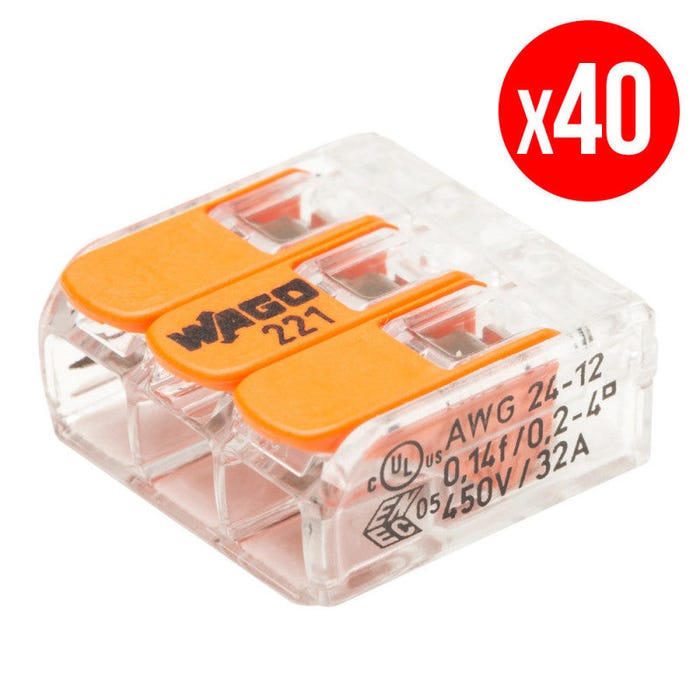 Pack de 40 bornes de connexion rapide a levier WAGO 3 entrées fil souple et rigide - S221