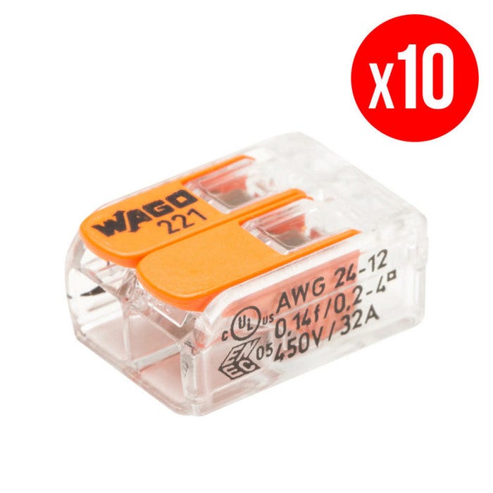 Pack de 10 bornes de connexion rapide à levier WAGO 2 entrées fil souple et rigide - S221