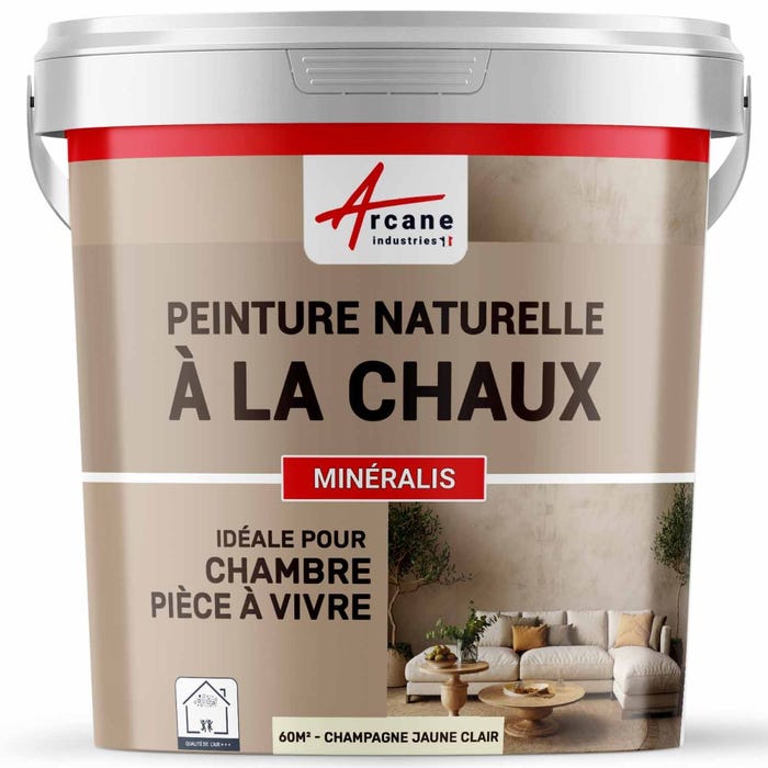PEINTURE A LA CHAUX NATURELLE ET SAINE - NUANCES MINERALES CHAUX - 60 m² (2x5 kg en 1 couche) - Champagne Jaune Clair - ARCANE INDUSTRIES