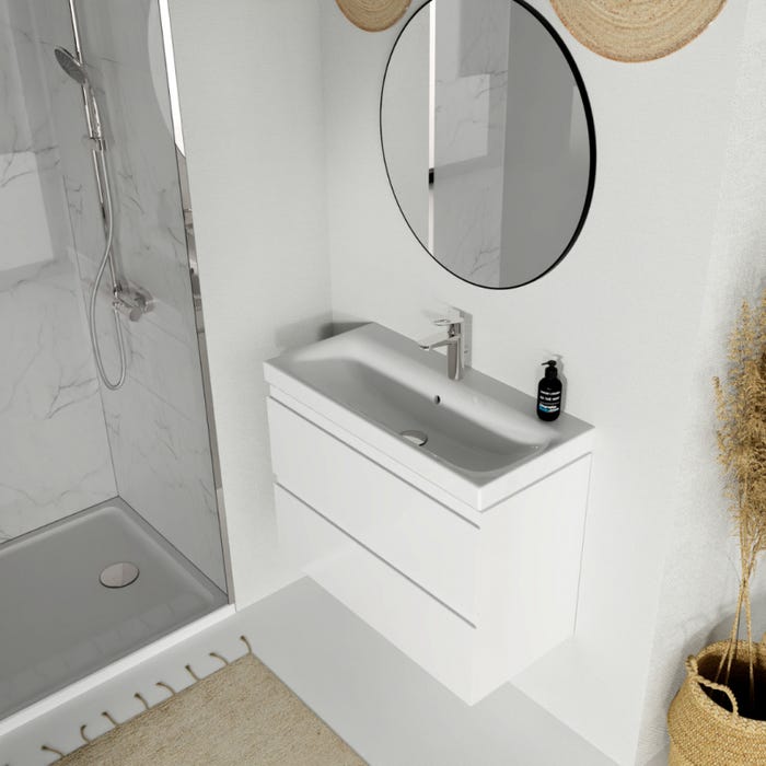 Meuble salle de bain-80x37.5cm-Gain de place-Blanc Brillant-Moduo Slim
