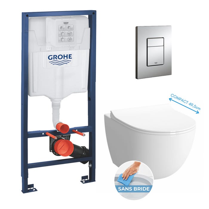 Grohe Pack WC Bâti + cuvette Sento RIM-EX (sans bride) compacte + plaque de commande chrome (GROHE-SentoRimlessCOMPACT)