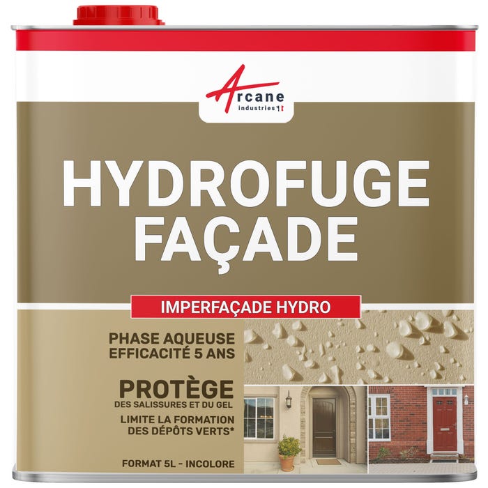 Hydrofuge Imperméabilisant Façade, mur, crépi, enduit - IMPERFACADE HYDRO - 5 L (jusqu'à 25 m²) - - ARCANE INDUSTRIES