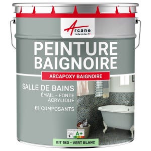 PEINTURE BAIGNOIRE LAVABO - Résine Époxy Pour Rénovation - 1 kg (jusqu'à 3 m² en 2 couches) - Vert Blanc - RAL 6019 - ARCANE INDUSTRIES