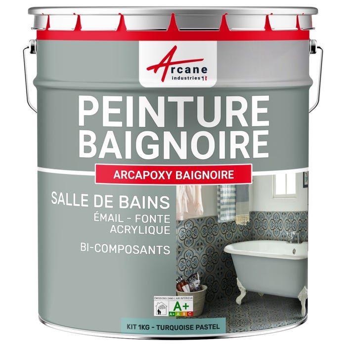 PEINTURE BAIGNOIRE LAVABO - Résine Époxy Pour Rénovation - 1 kg (jusqu'à 3 m² en 2 couches) - Turquoise Pastel - RAL 6034 - ARCANE INDUSTRIES