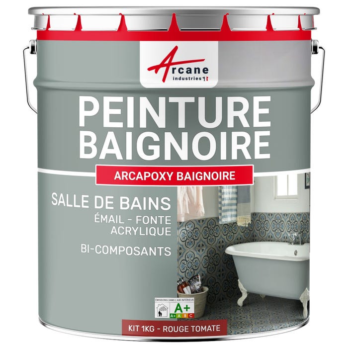 PEINTURE BAIGNOIRE LAVABO - Résine Époxy Rénovation baignoire, lavabo - 1 kg (jusqu'à 3 m² en 2 couches) - Rouge Tomate - RAL 3013 - ARCANE INDUSTRIES