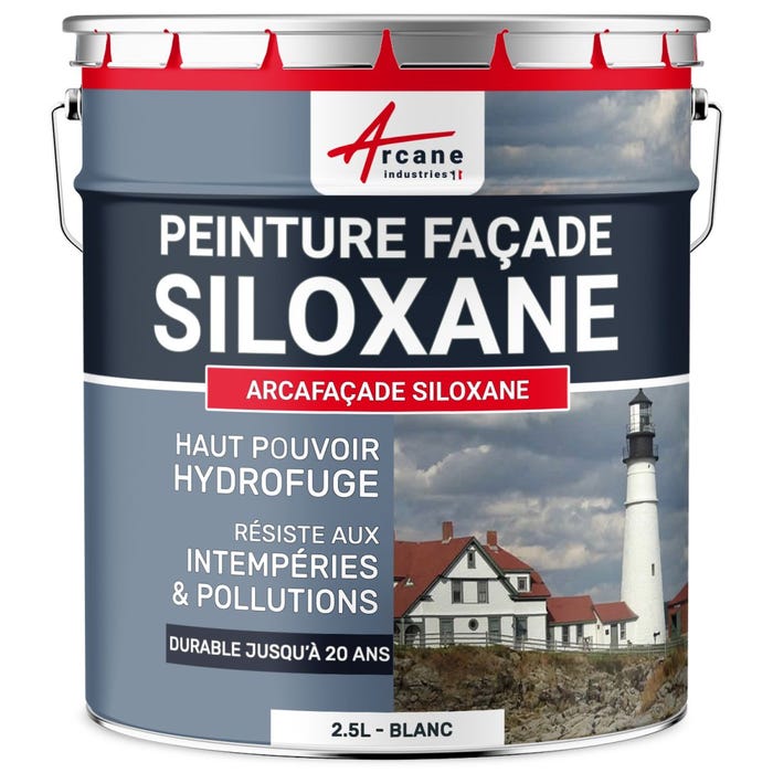 Peinture Facade Siloxane Hydrofuge - ARCAFACADE SILOXANE - 2.5 L (+ ou - 15 m² en 1 couche) - Blanc - RAL 9003 - ARCANE INDUSTRIES