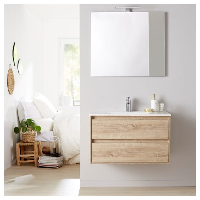 Meuble salle de bain - 80 cm - avec plan vasque - Effet chêne cambrian - A suspendre - miroir et éclairage inclus - Siris