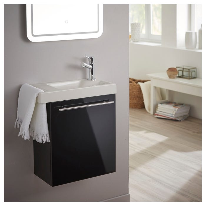 Meuble lave-mains pour toilette noir avec porte serviette et mitigeur à droite