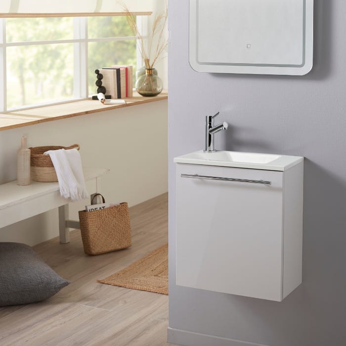 Meuble lave-mains pour wc blanc avec vasque design en solid stone et mitigeur