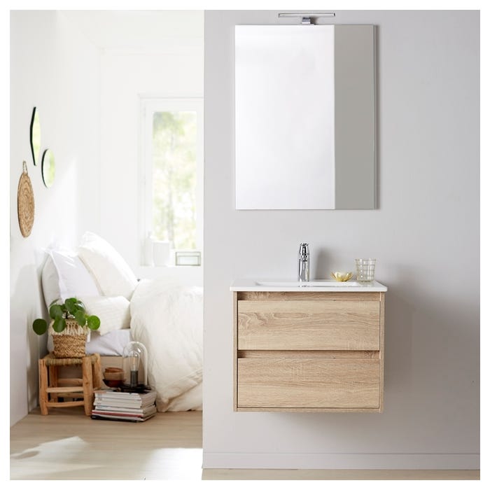 Meuble salle de bain - 60 cm - avec plan vasque - Effet chêne cambrian - A suspendre - miroir et éclairage inclus - Siris