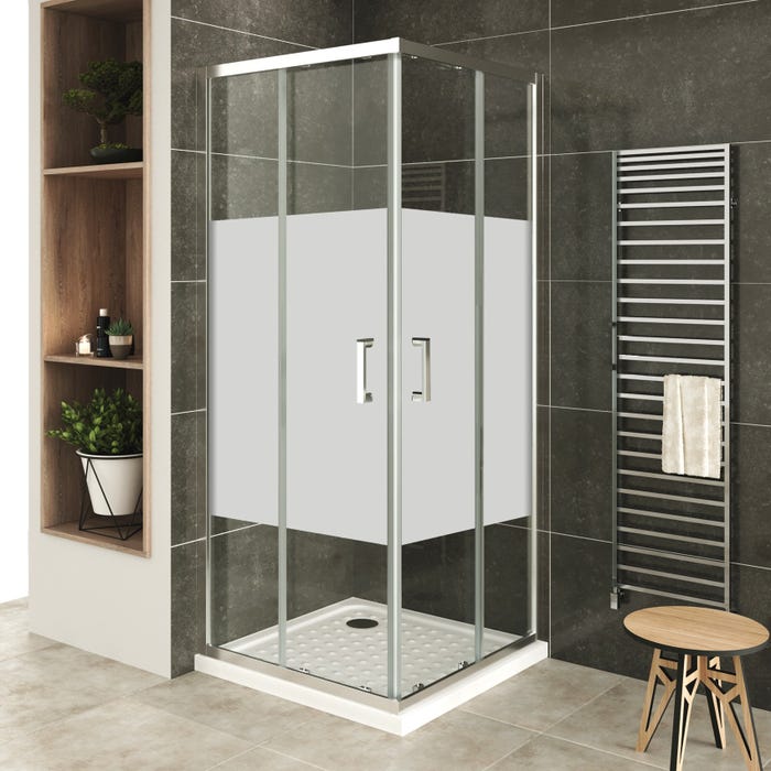 LANA+ Porte de douche d'angle coulissante H 185 cm verre centre-opaque 80 x 100 cm + receveur