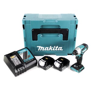 Makita DTD 155 RTJ Visseuse à percussion sans fil 18 V Brushless + Coffret de transport MAKPAC + 2x Batteries BL1850 5,0 Ah + Chargeur DC 18 RC
