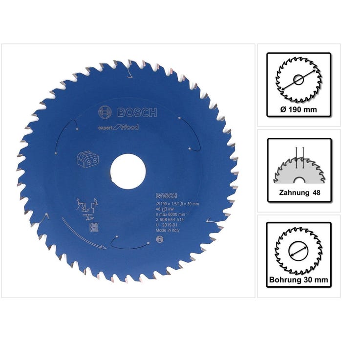 Bosch Lame de scie circulaire Expert for Wood 190 x 1,0 x 30 mm - 48 dents pour bois ( 2608644514 )