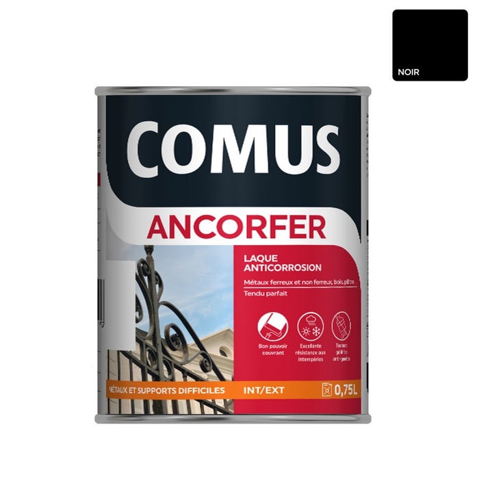 ANCORFER MAT/SOIE 0.75L Noir ferronnerie - Peinture-laque antirouille pour métaux et autres supports - COMUS