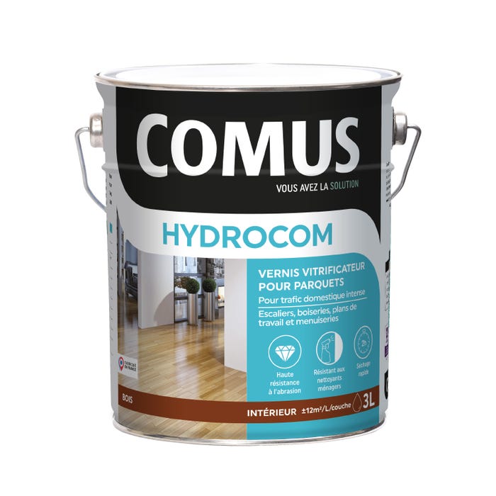 HYDROCOM SATIN - Incolore 3L - Vitrificateur polyuréthane acrylique mono-composant parquets escaliers et boiseries - COMUS