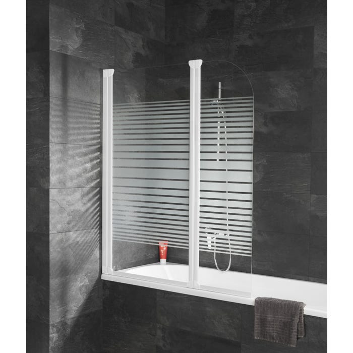 Schulte pare-baignoire pivotant, 114 x 140 cm, paroi de baignoire 2 volets, écran de baignoire, verre 3 mm, profilé blanc, décor rayures horizontales